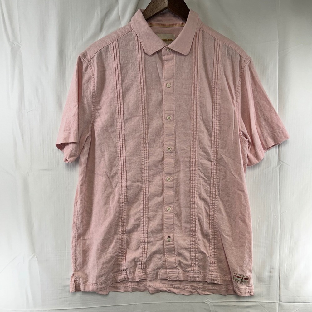 Scotch & Soda Button Up Mens Large Pink Short Sleeve Linen Blend Pintuck Shirt